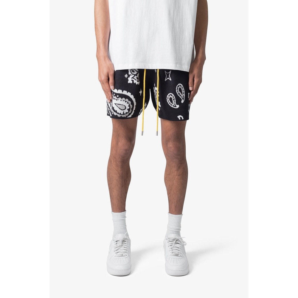 MNML Paisley Knit Shorts Mens XXXL Black White Streetwear Yellow Drawstrin